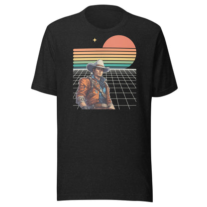 Vintage style space cowboy t shirt printed on Bella Canvas 3001 in Black Heather with bold sunset grid artwork. This soft lightweight unisex tee offers a relaxed fit for all day comfort, making it great for casual wear, festivals, or travel. Ideal gift for lovers of retro graphics, space inspired fashion, and standout everyday clothing.