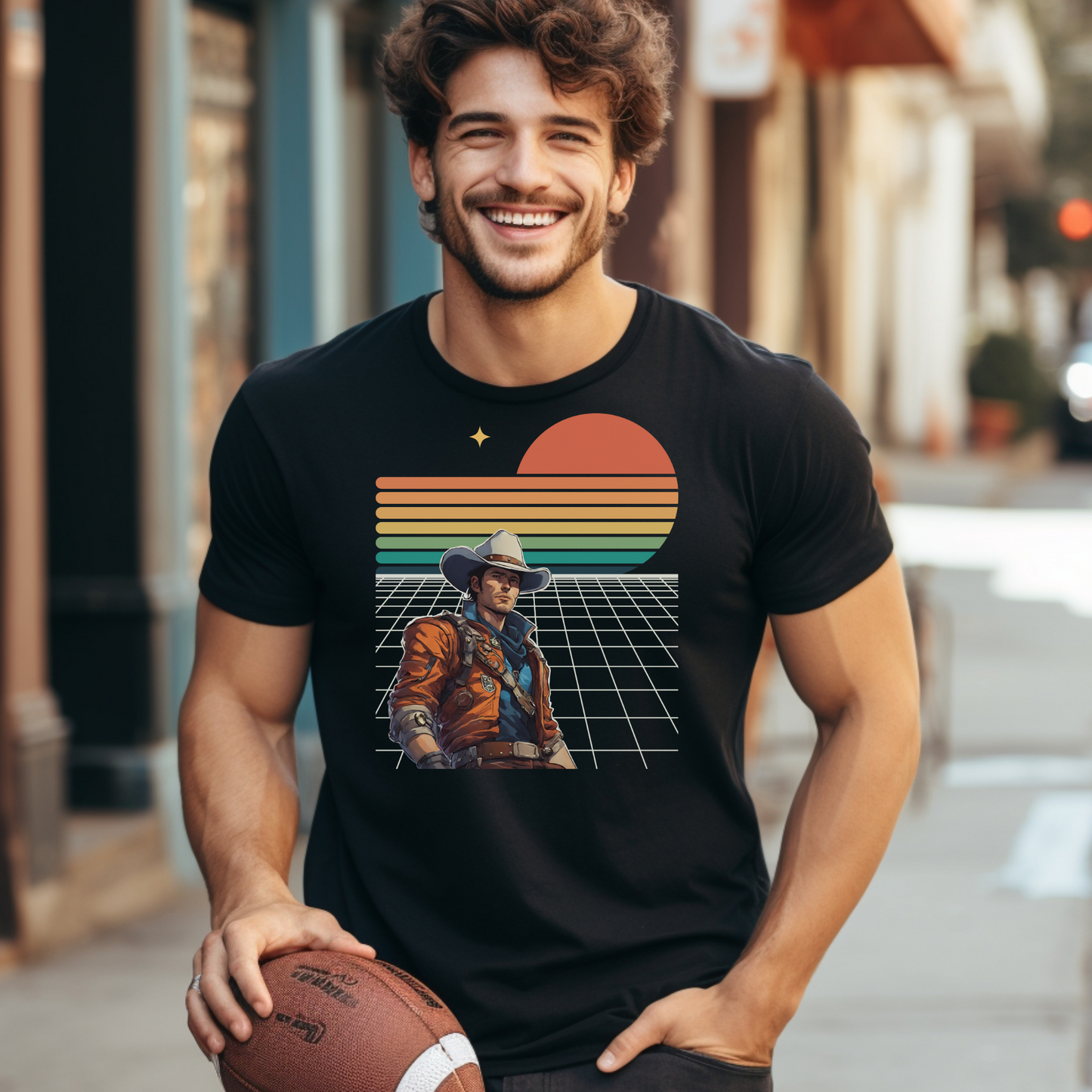 Retro space cowboy graphic t shirt printed on Bella Canvas 3001 in Black Heather featuring a bold sunset with grid design. This unisex tee offers a soft lightweight feel with a relaxed fit, perfect for everyday outfits, concerts, travel days, or casual streetwear. A great gift for fans of vintage graphics, western style, and sci fi inspired fashion with a nostalgic vibe.