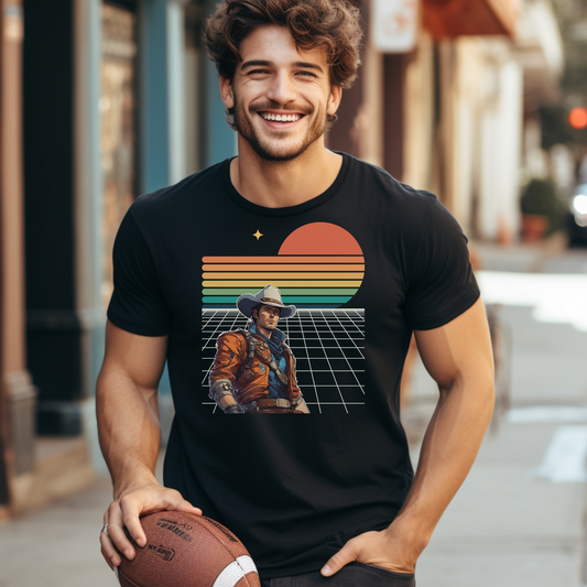 Retro space cowboy graphic t shirt printed on Bella Canvas 3001 in Black Heather featuring a bold sunset with grid design. This unisex tee offers a soft lightweight feel with a relaxed fit, perfect for everyday outfits, concerts, travel days, or casual streetwear. A great gift for fans of vintage graphics, western style, and sci fi inspired fashion with a nostalgic vibe.