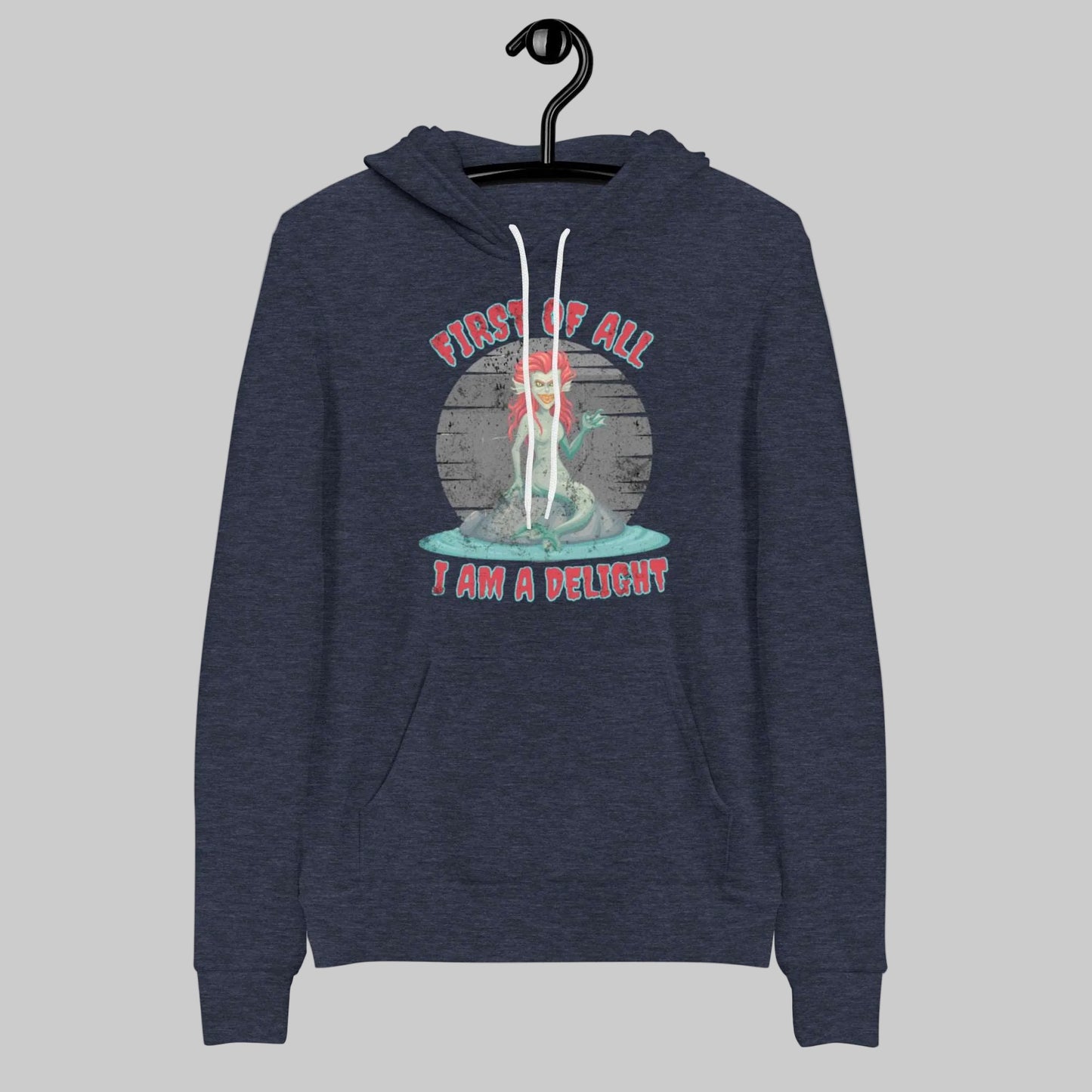 Unisex dark fantasy hoodie inspired by sirens, mythology, and poetic humor, featuring a bold graphic quote design. This cozy pullover sweatshirt offers a relaxed fit and is ideal for everyday wear, lounging, or layered academic style looks.