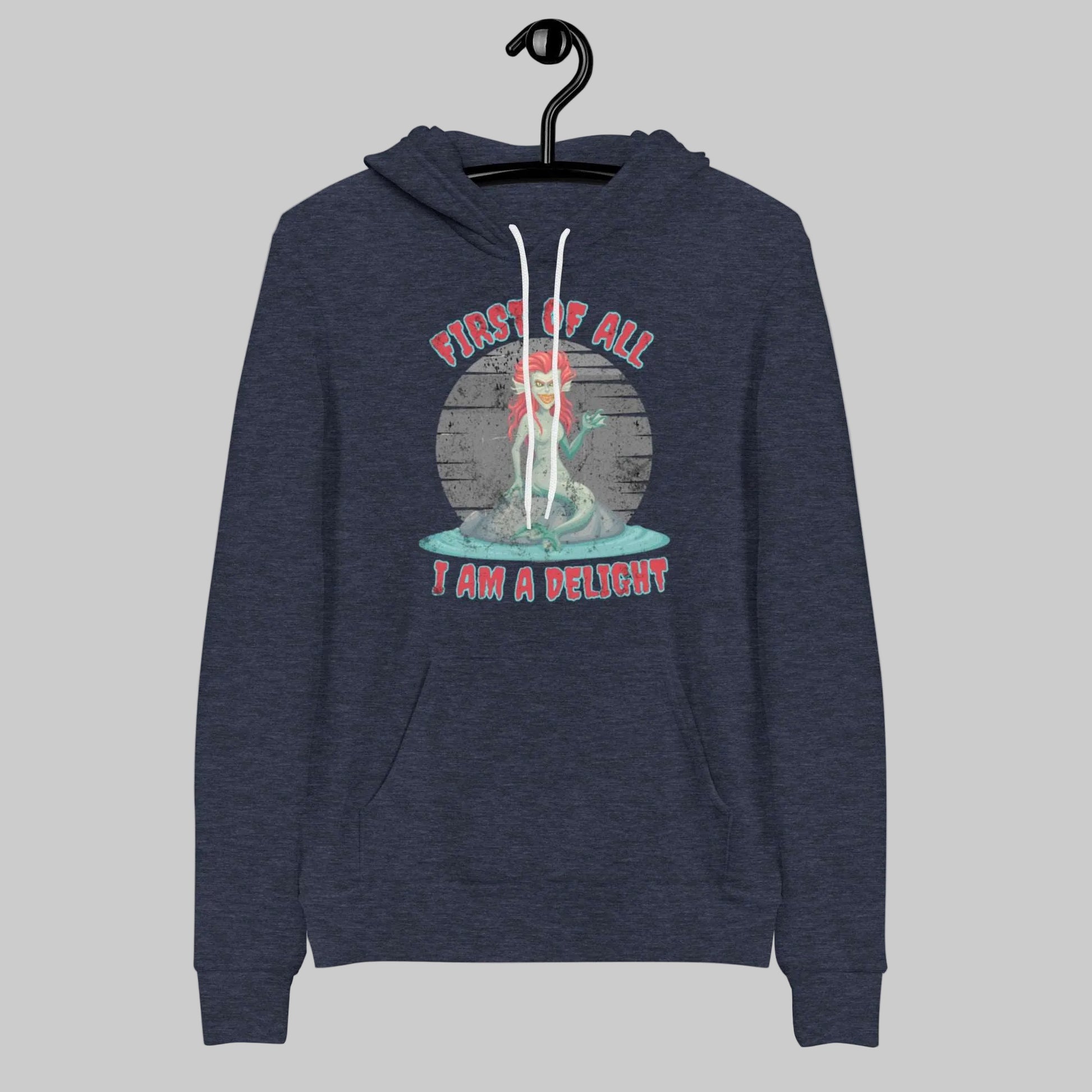 Unisex dark fantasy hoodie inspired by sirens, mythology, and poetic humor, featuring a bold graphic quote design. This cozy pullover sweatshirt offers a relaxed fit and is ideal for everyday wear, lounging, or layered academic style looks.