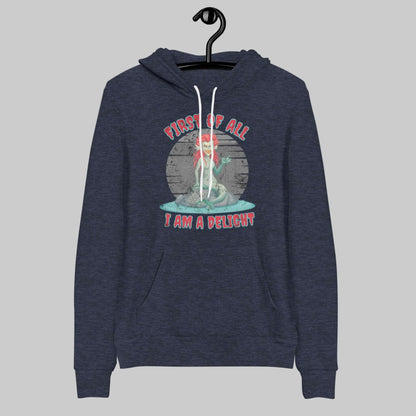 Unisex dark fantasy hoodie inspired by sirens, mythology, and poetic humor, featuring a bold graphic quote design. This cozy pullover sweatshirt offers a relaxed fit and is ideal for everyday wear, lounging, or layered academic style looks.