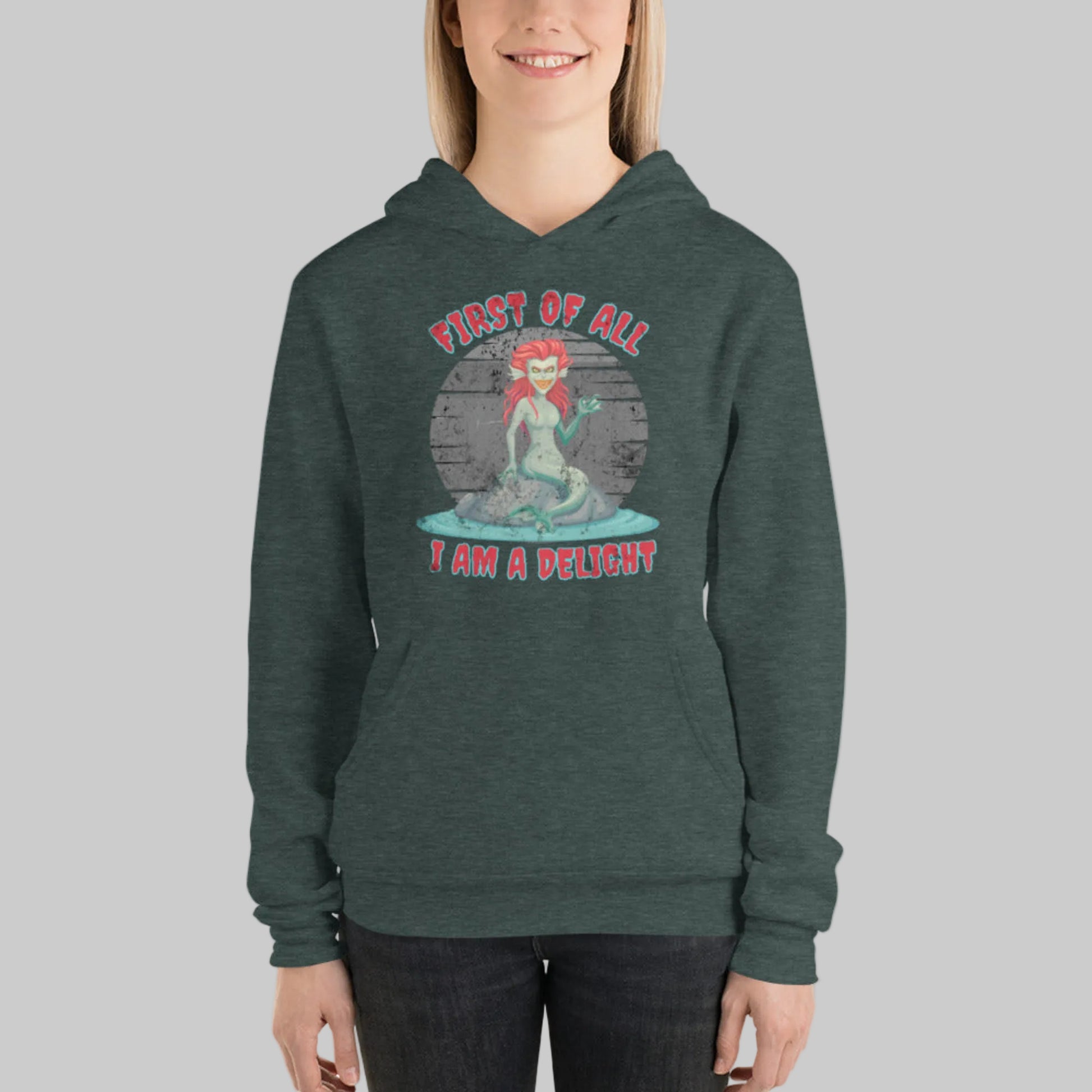 Evil siren mythology hoodie styled for dark academia fashion, featuring a witty quote graphic and classic unisex hoodie silhouette. This soft fleece hoodie is perfect for booktok aesthetics, fantasy wardrobes, and casual moody outfits.