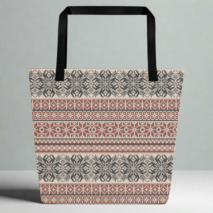 Image: Fair Isle Tote bag in shades of burgundy and navy. This winter carryall has a Nordic pattern of flowers and snowflakes, by jaecrece