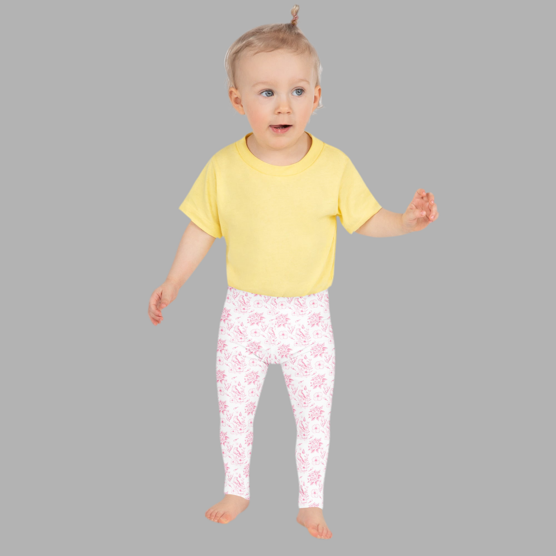 Image: Soft toddler leggings with a pink toile pattern that brings vintage charm to every little girl's wardrobe. Great for matching mom and sister, spring celebrations, and cozy family outings. Sizes 2T to 7 for toddlers on the move, by jaecrece.