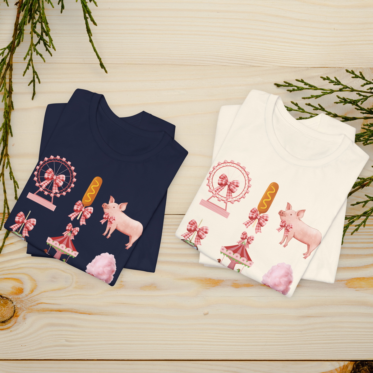 Cute girls state fair shirt featuring classic fair day favorites including a Ferris wheel, carousel, cotton candy, corn dog, caramel apple and pink pig, decorated with sweet gingham bows and bold FAIR DAY lettering.
