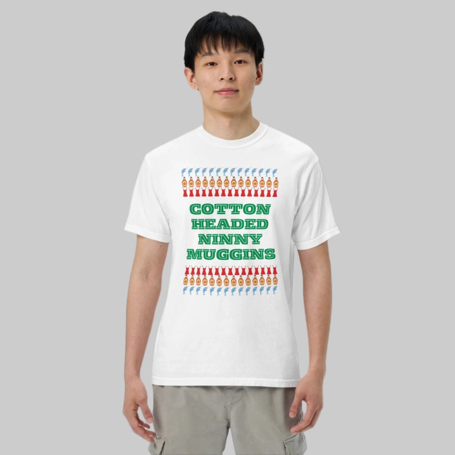 Cotton Headed Ninny Muggins T-Shirt - adult, men women holiday shirt for Elf Movie lovers in Black or white, features words “cotton headed ninny Muggins “ with narwhals, lingerie and maple syrup- all of Buddy the Elf’s favorite things- by jaecrece