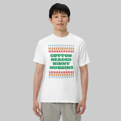 Cotton Headed Ninny Muggins T-Shirt - adult, men women holiday shirt for Elf Movie lovers in Black or white, features words “cotton headed ninny Muggins “ with narwhals, lingerie and maple syrup- all of Buddy the Elf’s favorite things- by jaecrece