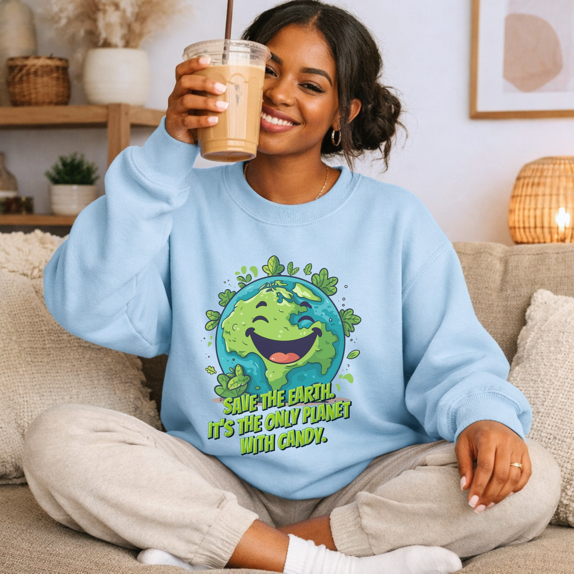 Funny environmental sweatshirt featuring a happy cartoon planet Earth surrounded by leaves and the message Save Earth! It’s the only planet with candy! This adult graphic sweatshirt is ideal for Earth Day clothing, school events, teachers, environmentalists, nature lovers and anyone who enjoys a cheerful planet Earth design.