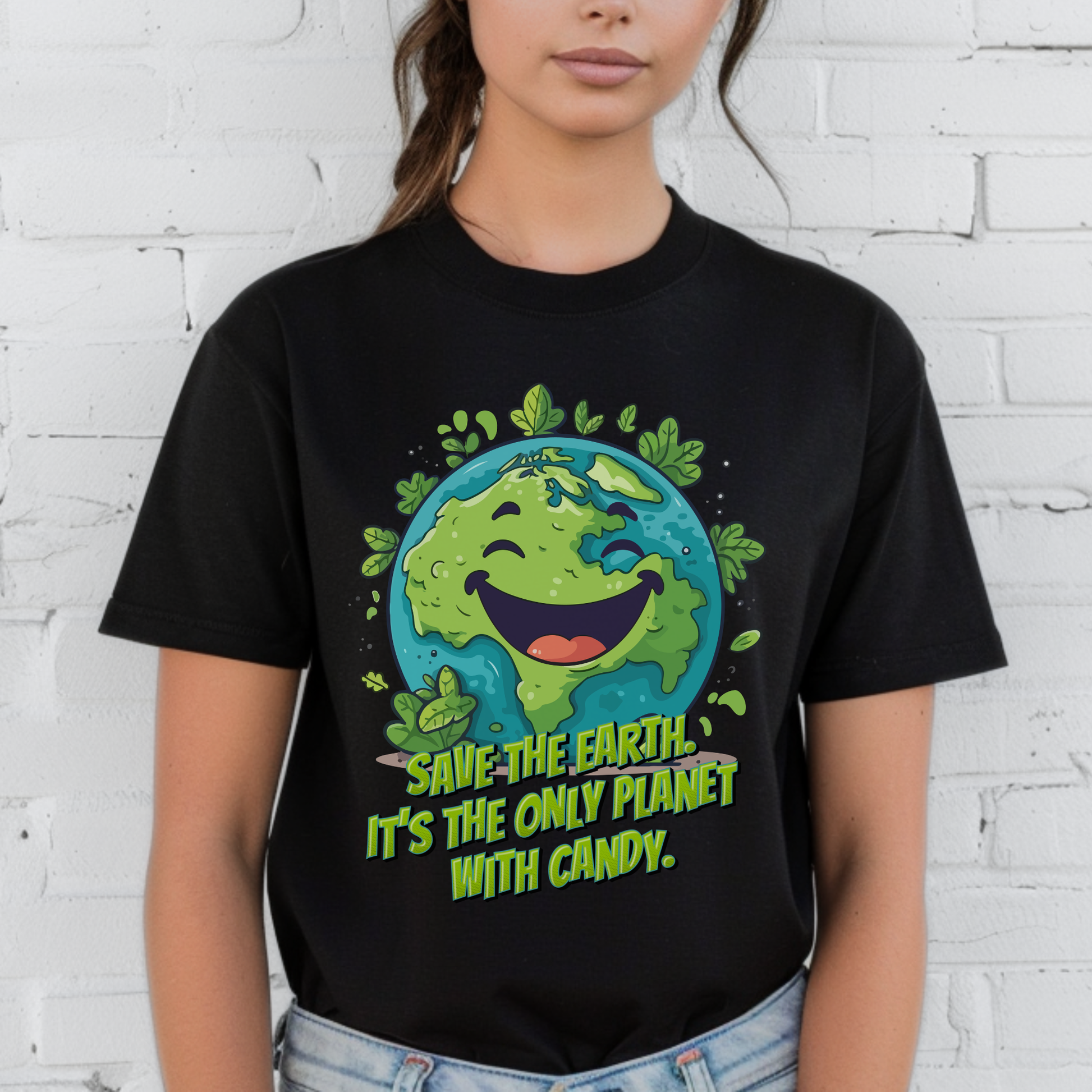 Save the planet shirt for adults featuring a smiling cartoon Earth, leafy greenery and a funny candy themed message. This nature shirt is a playful alternative to serious climate change and global warming designs, making it ideal for Earth Day, teachers, environmentalists, conservation lovers and anyone who enjoys a funny graphic tee.