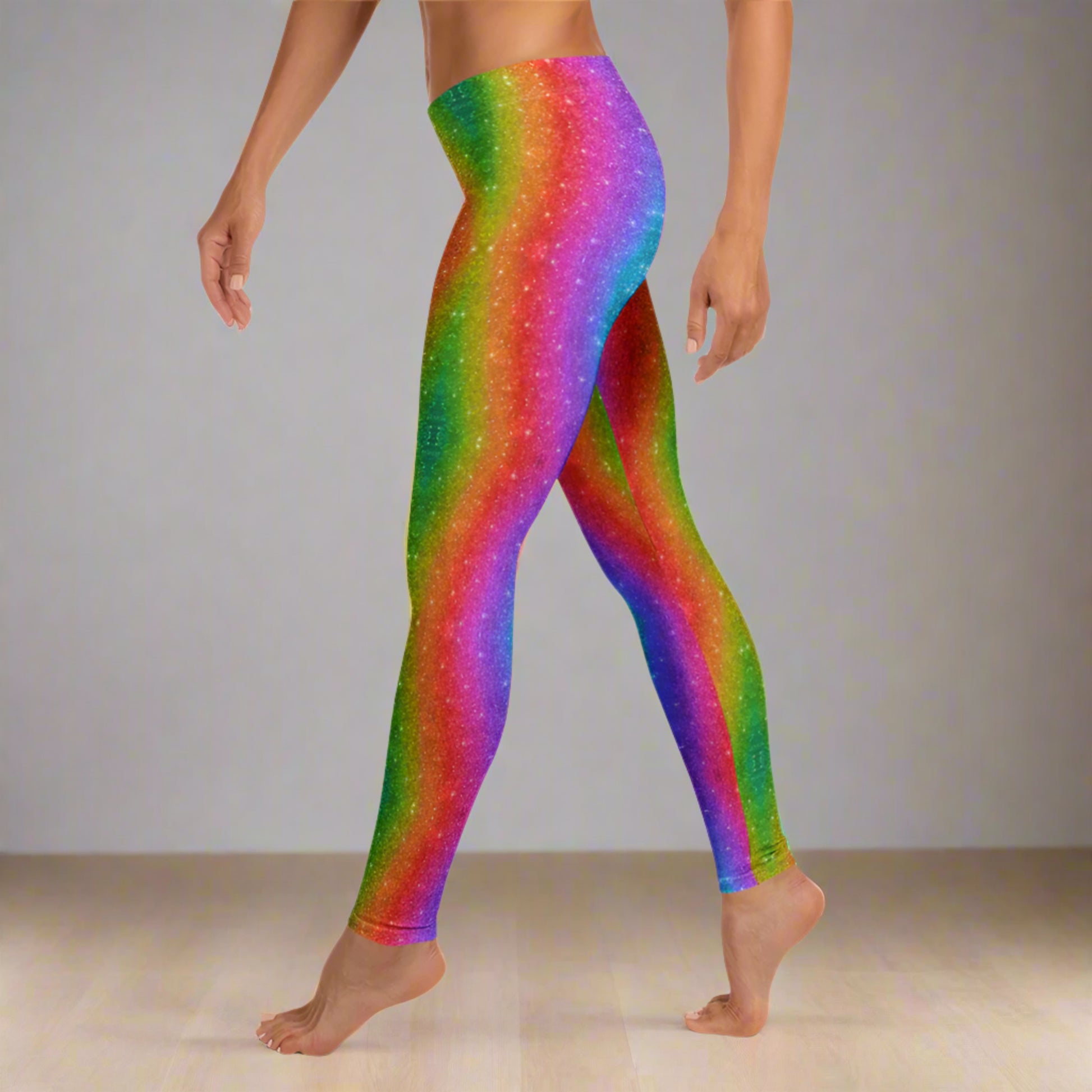 Color-pop rainbow swirl leggings in women’s sizes are a go-to for parades, festivals, or fun runs. Featuring a holographic glitter effect, these vibrant leggings offer a stretchy, full-length fit that’s both flattering and comfortable. Designed to match toddler and youth sizes for fun family moments at Mardi Gras or Pride events.