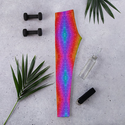 Dazzle in rainbow swirl leggings with a faux glitter holographic look. These bold women’s leggings are perfect for Pride festivals, LGBTQ+ events, and Mardi Gras. With all-day comfort, UV protection, and a flexible fit, they’re ready for running, dancing, or lounging. Part of a matching set available in youth and toddler sizes.