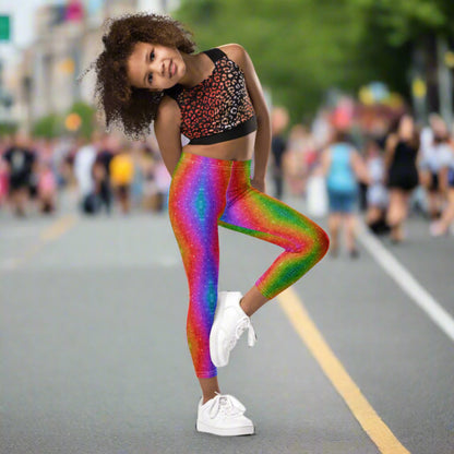 Faux glitter swirl toddler leggings for girls sizes 2T–7, perfect for bright moments like Pride parades, Mardi Gras, fun runs, or playful parties. These rainbow holographic leggings are soft, stretchy, and designed for movement. A colorful staple in every little one’s wardrobe, especially for families who love to match and make memories.
