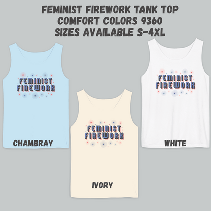 This retro-inspired Feminist Firework tank top is perfect for patriotic holidays, featuring red, white, and blue graphics with a firework design. Crafted from soft Comfort Colors cotton, this tank celebrates feminism and freedom in style. Great for 4th of July barbecues, protest marches, or casual summer outfits, it’s a fun and fierce way to show your support for women’s rights.
