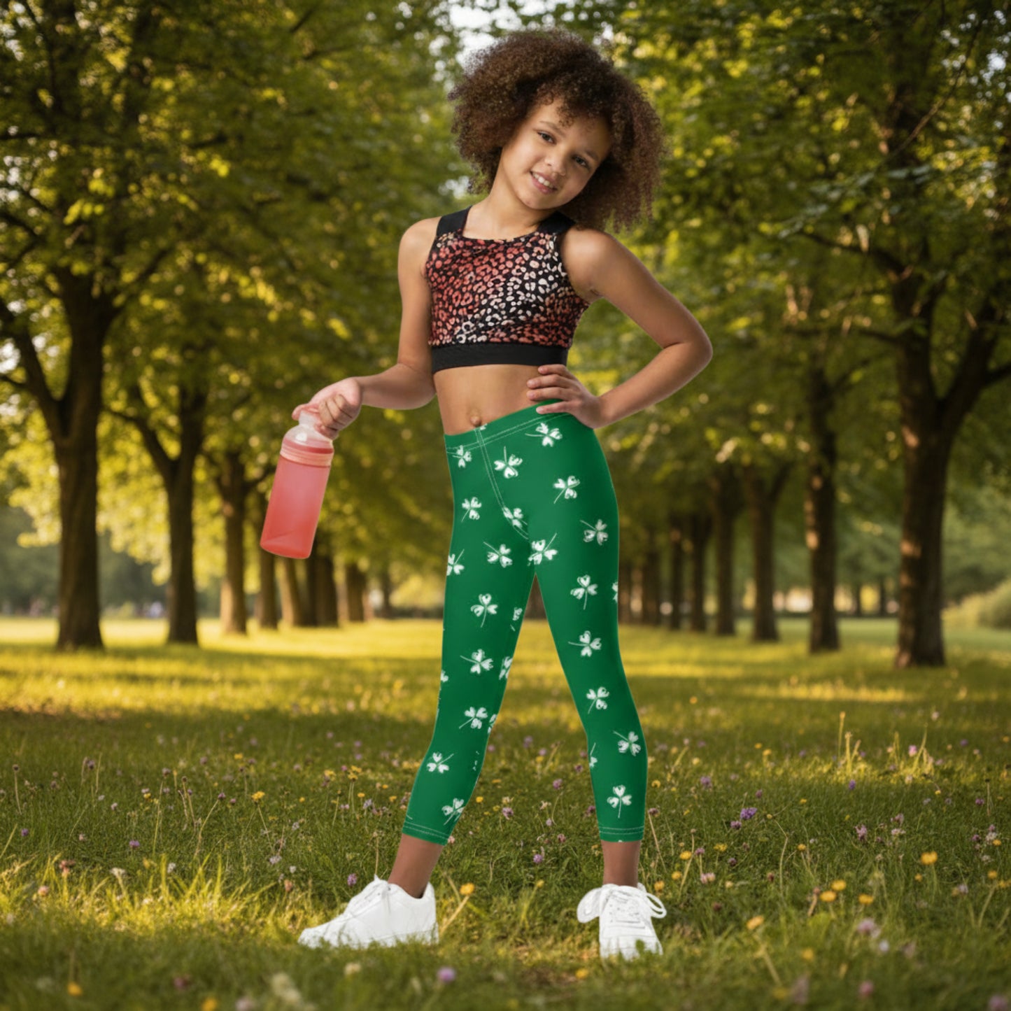 Festive shamrock leggings for girls featuring a playful green print, soft stretch fabric, and comfortable fit for everyday wear, school, and holiday celebrations.