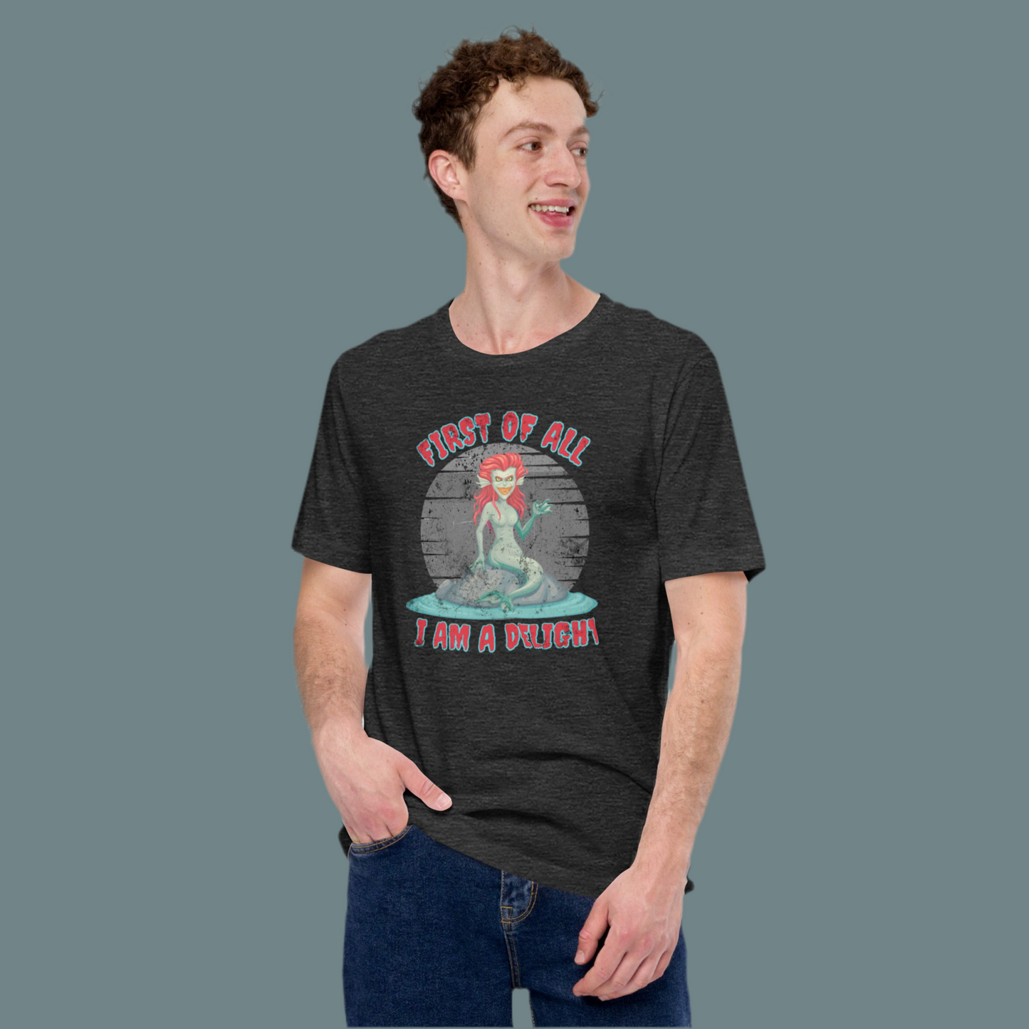 Funny evil mermaid shirt with bold “First of All I Am a Delight” text, ideal for Halloween costumes, Renaissance fair cosplay, or mythology-inspired outfits. Designed on a Bella Canvas 3001 tee in black, navy, or grey, sizes XS–5XL. Perfect sarcastic graphic shirt for gothic fashion, dark fantasy fans, or ocean mythology lovers. A must-have humorous mermaid shirt for spooky season style, Ren Faire attendees, and fans of mythical sirens with attitude.