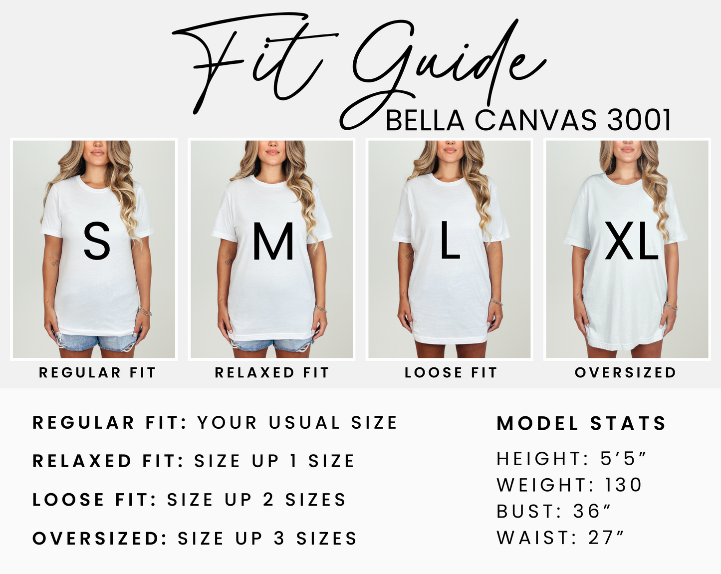 Bella Canvas 3001 tshirt fit guide showing classic unisex retail fit with a comfortable shape that works for everyday wear. Shirt has a modern tailored look through the shoulders and chest with a relaxed body that is not too boxy or too slim. Sizes available from XS to 5XL for standard and extended sizing options. Many shoppers choose their usual size for a regular fit or size up for an oversized casual look. Soft lightweight tee pairs easily with jeans, shorts, or leggings.