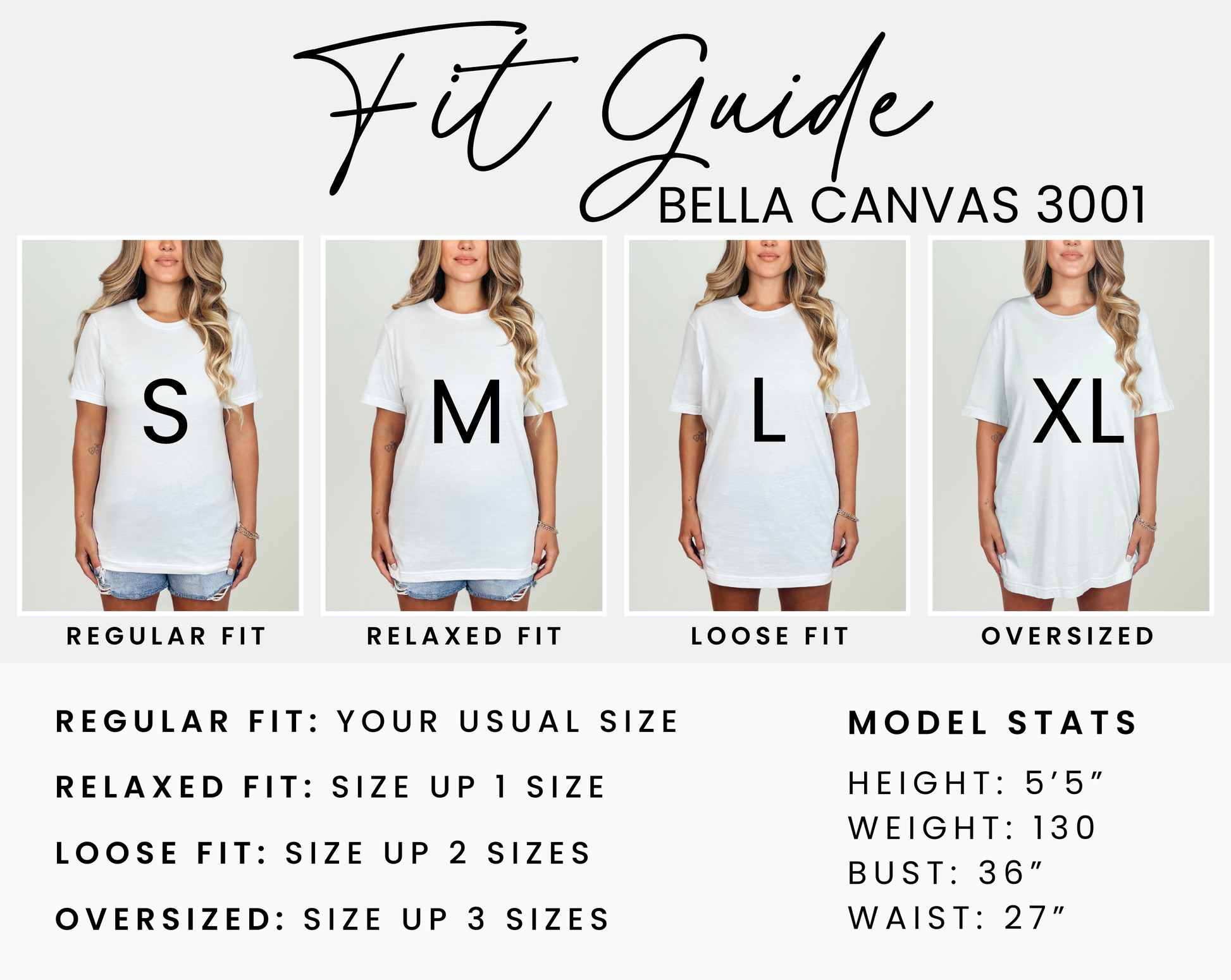 Bella Canvas 3001 tshirt fit guide showing classic unisex retail fit with a comfortable shape that works for everyday wear. Shirt has a modern tailored look through the shoulders and chest with a relaxed body that is not too boxy or too slim. Sizes available from XS to 5XL for standard and extended sizing options. Many shoppers choose their usual size for a regular fit or size up for an oversized casual look. Soft lightweight tee pairs easily with jeans, shorts, or leggings.