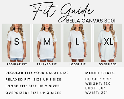 Bella Canvas 3001 tshirt fit guide showing classic unisex retail fit with a comfortable shape that works for everyday wear. Shirt has a modern tailored look through the shoulders and chest with a relaxed body that is not too boxy or too slim. Sizes available from XS to 5XL for standard and extended sizing options. Many shoppers choose their usual size for a regular fit or size up for an oversized casual look. Soft lightweight tee pairs easily with jeans, shorts, or leggings.
