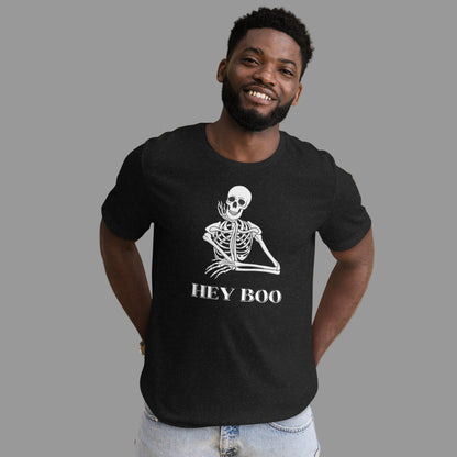 Hey Boo Skeleton Halloween T-Shirt, printed on premium Bella Canvas 3001, combines comfort with festive style. This unisex Black Heather tee, available in sizes XS–5XL, features a playful skeleton graphic and the fun “Hey Boo” slogan, making it a perfect funny Halloween shirt. Whether for trick-or-treating, haunted house visits, or casual fall outings, this Halloween graphic tee adds charm and humor to your spooky season wardrobe.