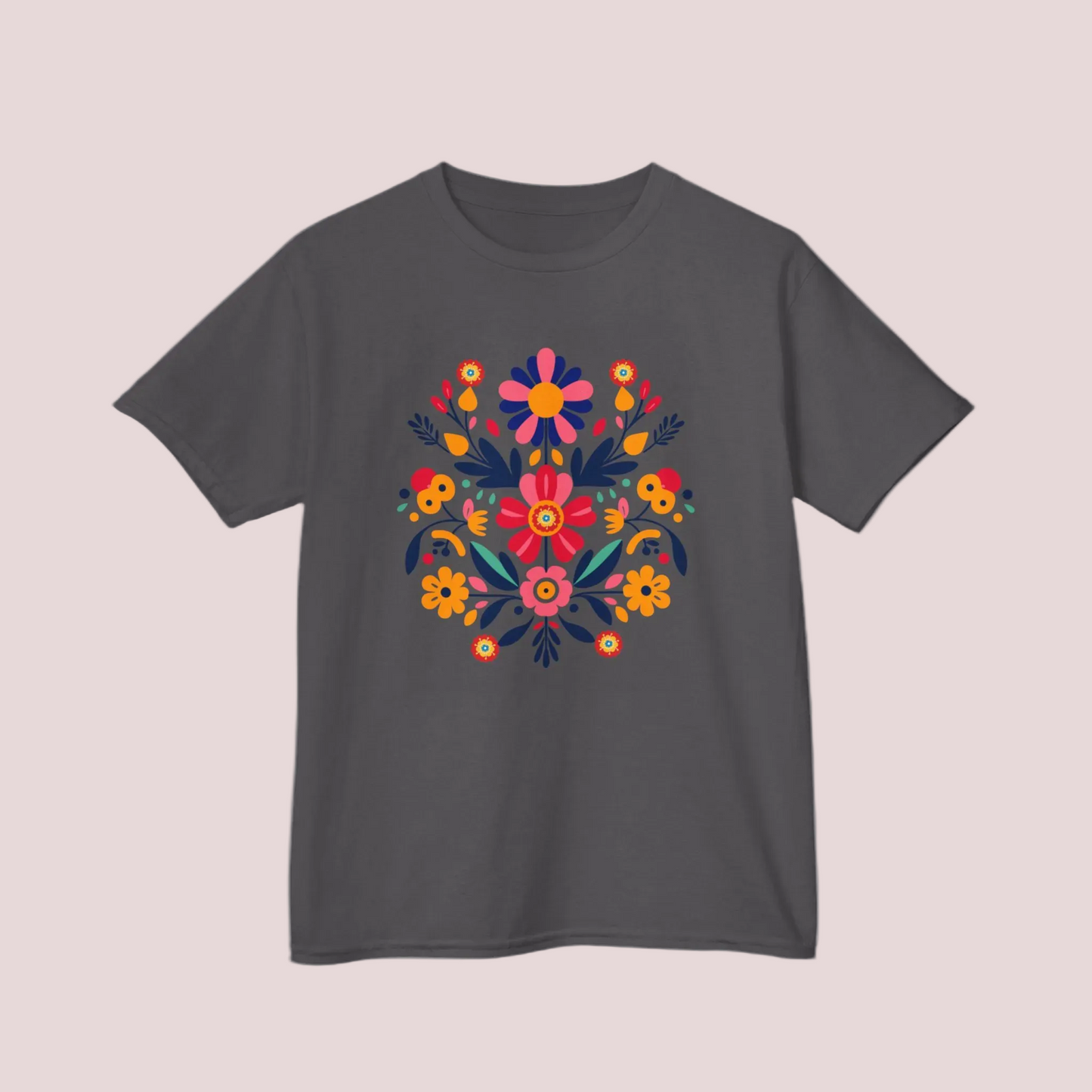 Floral Otomi Folk Art Girls’ T-shirt in sizes XS–XL featuring bright colors and a bold print inspired by Mexican heritage. This youth crew neck tee is made from soft, ethically sourced cotton and offers a breathable fit perfect for play, travel, or events. A stylish yet meaningful gift for girls who love cultural fashion, Latinx identity, or vibrant boho designs rooted in folk art tradition.