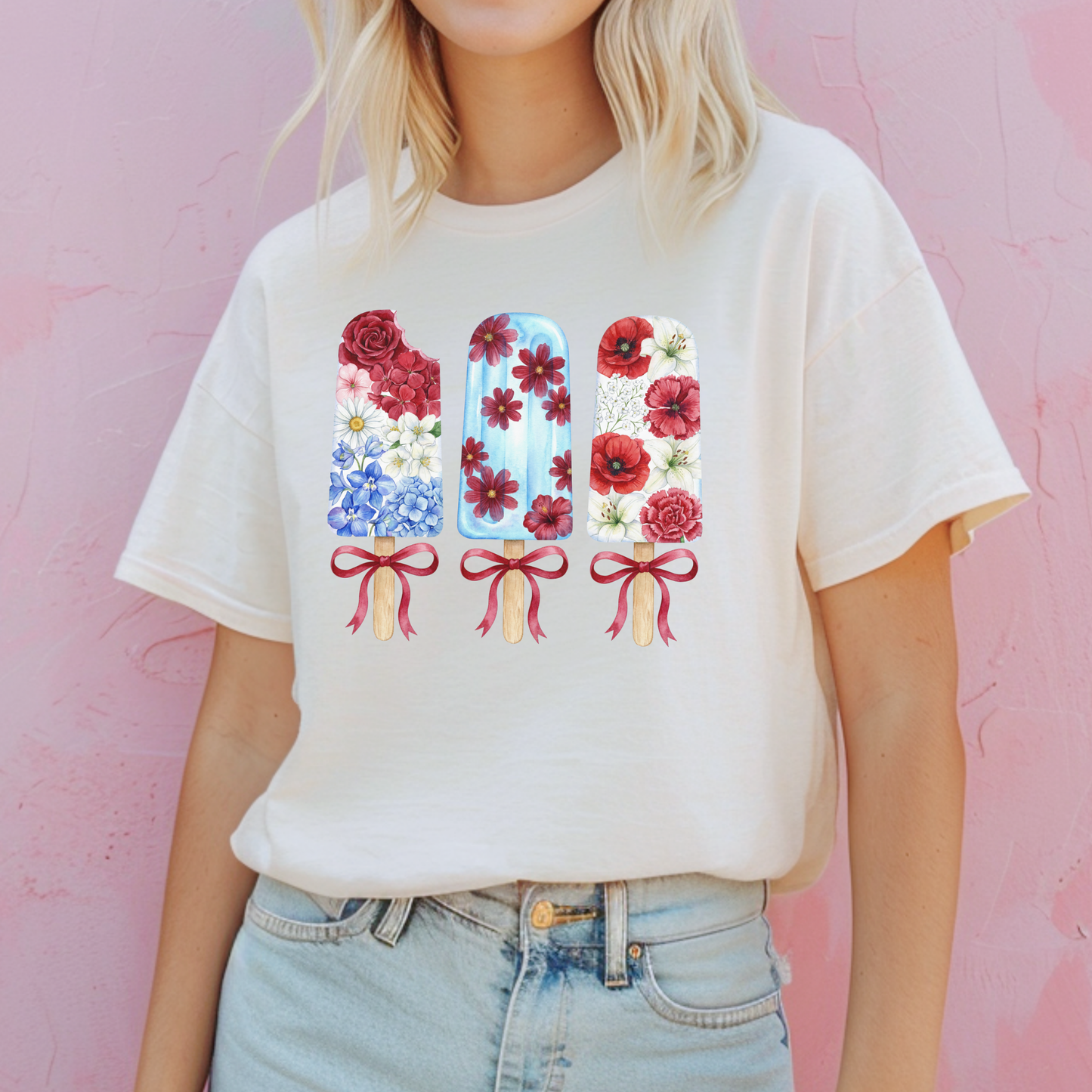 Women's Patriotic Floral T Shirt, Red White & Blue Fourth of July Tee, Matching Family Shirt