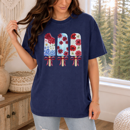 Women's Patriotic Floral T Shirt, Red White & Blue Fourth of July Tee, Matching Family Shirt