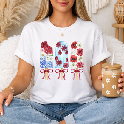 Women's Patriotic Floral T Shirt, Red White & Blue Fourth of July Tee, Matching Family Shirt