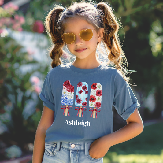 Girls Patriotic Floral T Shirt, Red White & Blue Fourth of July Shirt, Matching Family Summer Tee