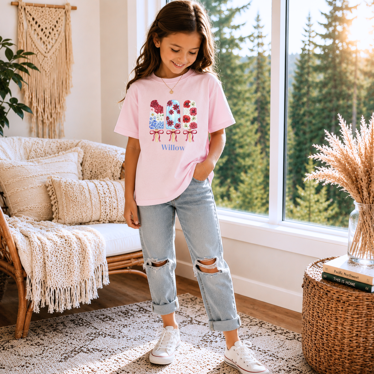 Girls Patriotic Floral T Shirt, Red White & Blue Fourth of July Shirt, Matching Family Summer Tee
