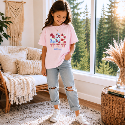 Girls Patriotic Floral T Shirt, Red White & Blue Fourth of July Shirt, Matching Family Summer Tee