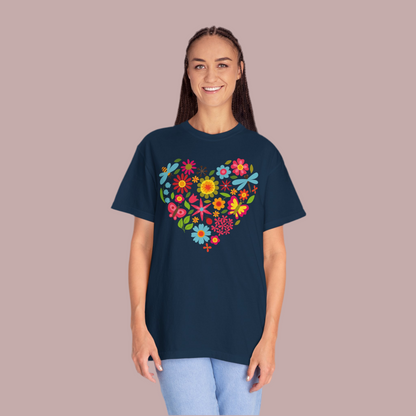 Intricate heart graphic designed with an arrangement of butterflies, dragonflies, and blooming flowers. This romantic and garden-themed artwork makes a lovely addition to Valentine’s Day gifts, cottagecore decor, or nature-loving prints. Great for invitations, digital downloads, or spring design projects. A whimsical floral heart that symbolizes love and the peaceful beauty of nature.