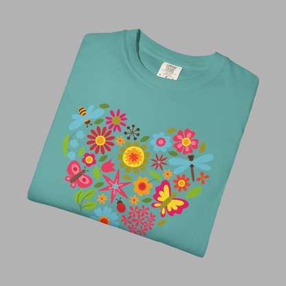 Botanical heart image formed entirely by colorful flowers, butterflies, and dragonflies. A perfect blend of natural beauty and love symbolism, ideal for romantic stationery, nursery decor, or spring-themed artwork. This charming floral heart illustration brings a sense of joy, growth, and tenderness, making it great for gifting, prints, and feminine design projects.