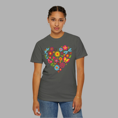 Romantic heart-shaped artwork featuring an arrangement of dragonflies, butterflies, and vibrant flowers. This nature-inspired floral heart is perfect for springtime gifts, Valentine’s cards, boho nursery prints, or garden-themed branding. Beautifully detailed and filled with organic charm, this graphic captures love through the language of blossoms and winged creatures.