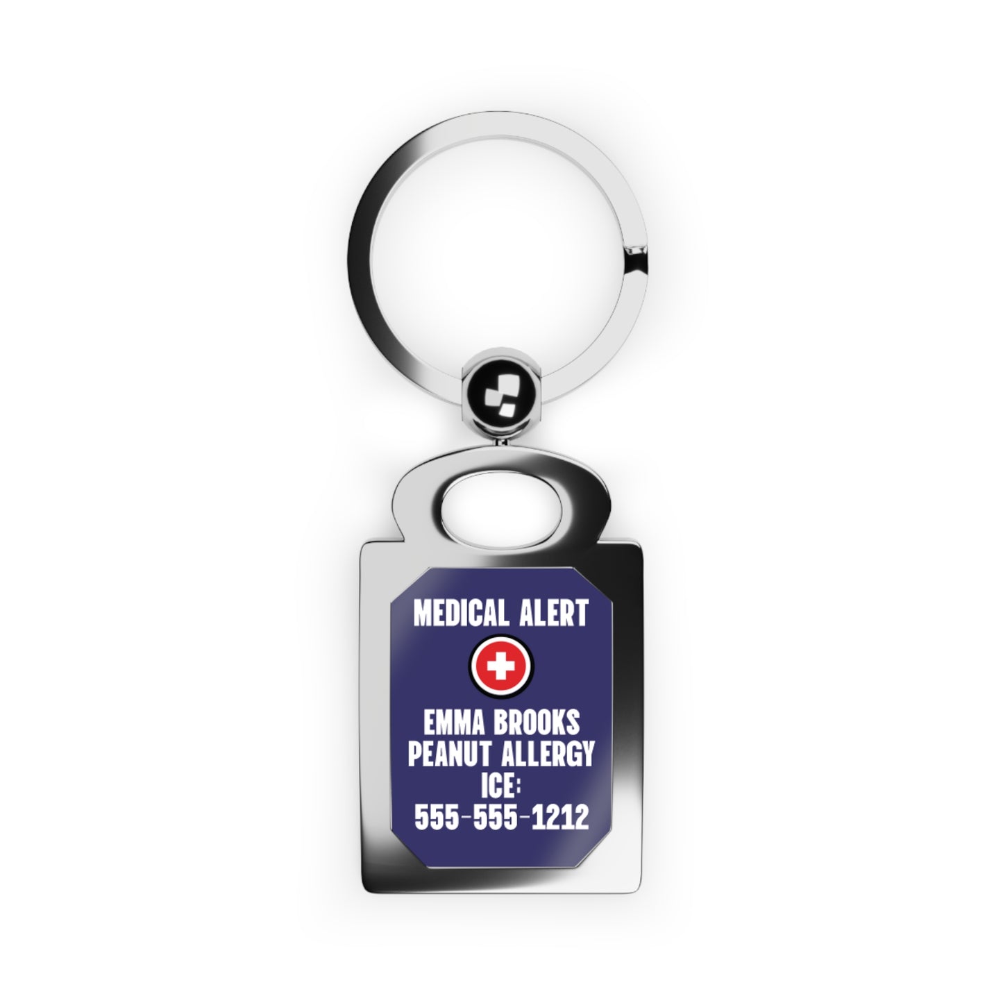 Red Medical Alert Cross Rectangle Keyring — Personalized Type 1 Diabetes ID Keychain (Includes ICE Emergency Number)