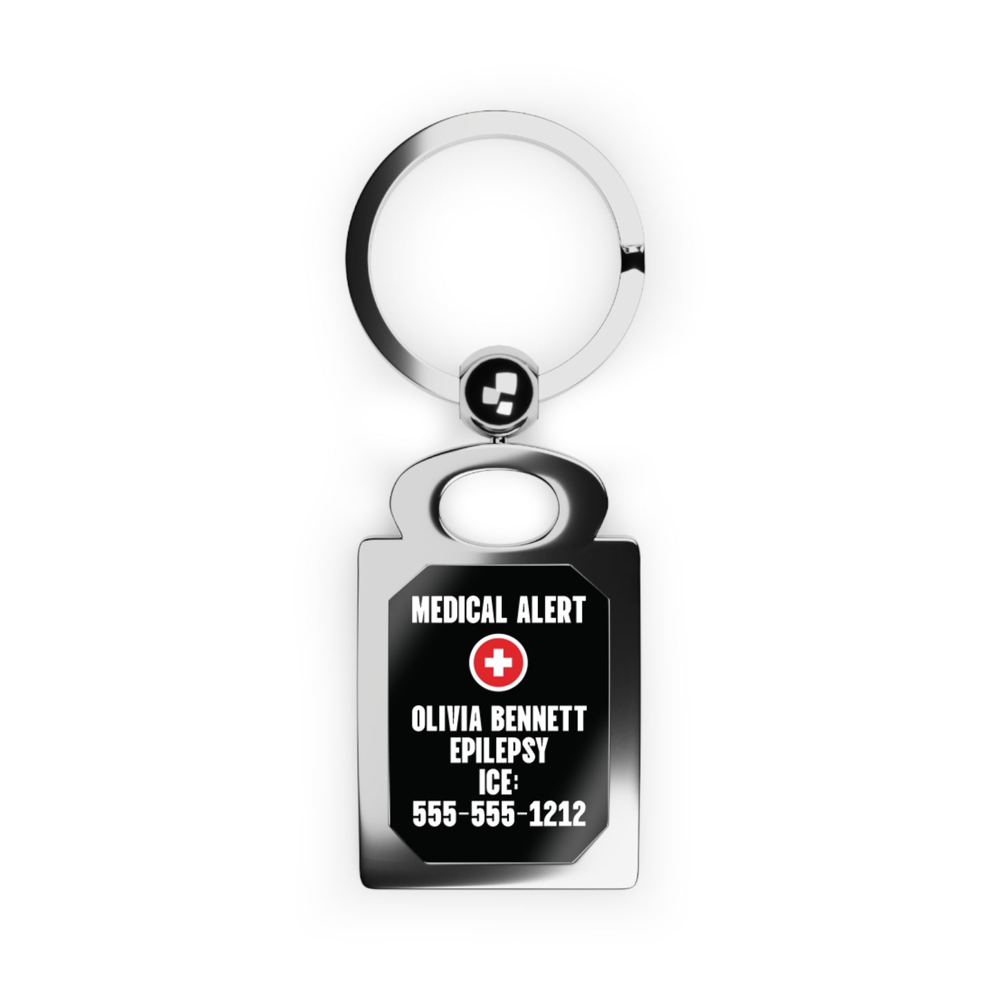 Red Medical Alert Cross Rectangle Keyring — Personalized Type 1 Diabetes ID Keychain (Includes ICE Emergency Number)