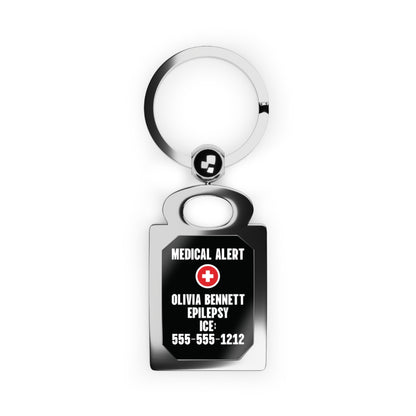 Red Medical Alert Cross Rectangle Keyring — Personalized Type 1 Diabetes ID Keychain (Includes ICE Emergency Number)