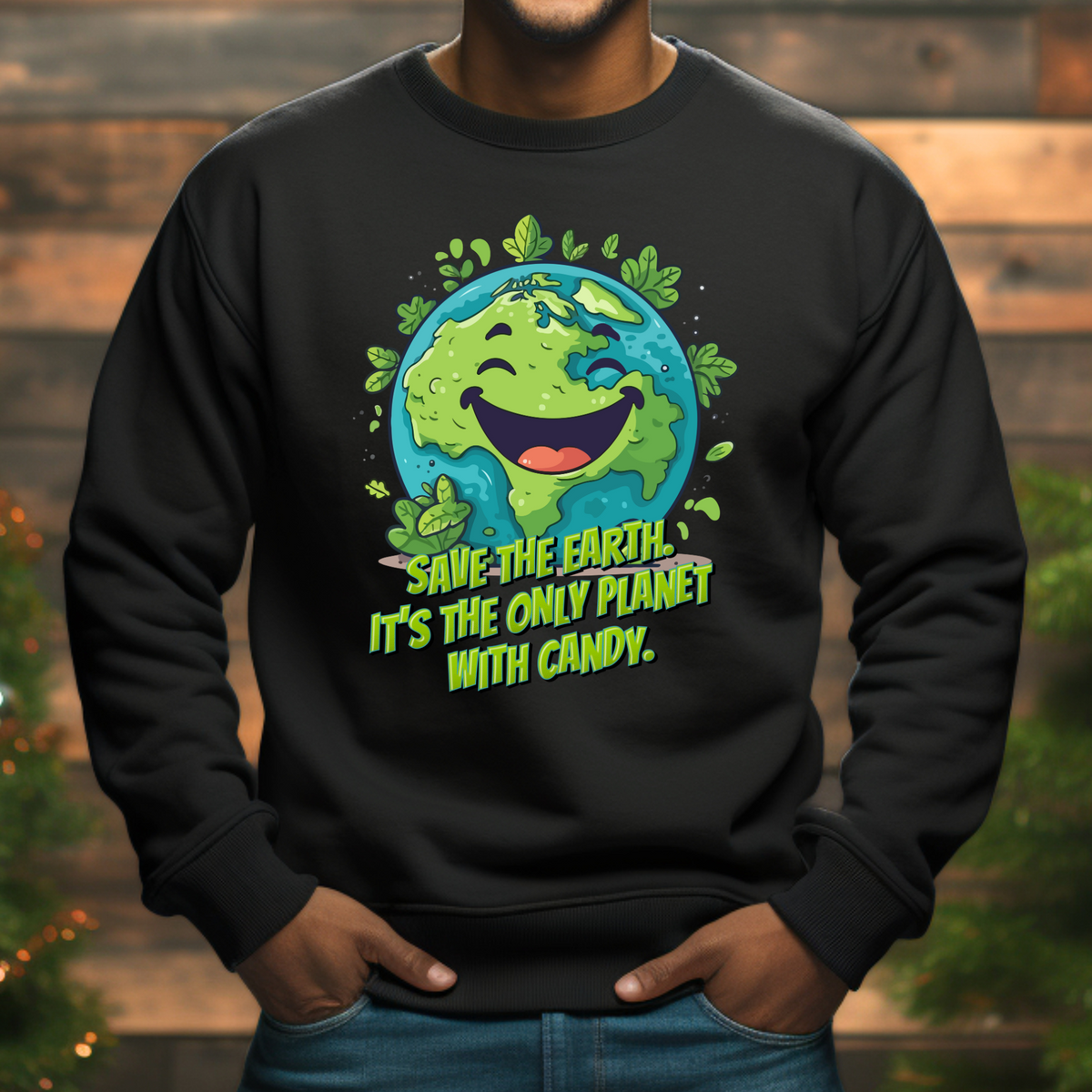 Funny Earth Day crewneck sweatshirt with “Save the Earth, It’s the Only Planet with Candy.” Unisex Gildan 18000 adult S–5XL, 7 colors, matching kids’ sizes for family events. Perfect for holiday-themed casual outfits, Earth Day celebrations, school events, or family photos. Cozy, durable, and humorous sweatshirt ideal for gifting or playful everyday wear.