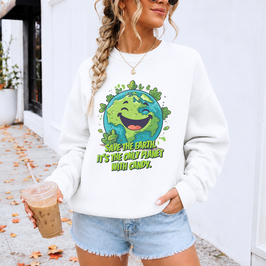 Funny Earth Day sweatshirt for adults featuring a happy smiling cartoon planet Earth surrounded by green leaves and the message Save Earth! It’s the only planet with candy! This cozy planet Earth sweatshirt is perfect for Earth Day celebrations, nature lovers, environmentalists, teachers and anyone who enjoys a funny graphic sweatshirt.