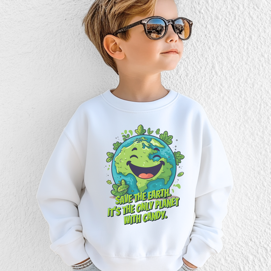 Funny Earth Day sweatshirt for kids featuring a happy smiling cartoon planet Earth surrounded by green leaves and the message Save Earth! It’s the only planet with candy! This cute youth Earth Day sweatshirt is perfect for school events, classroom celebrations, nature lovers, spring outfits and everyday wear.