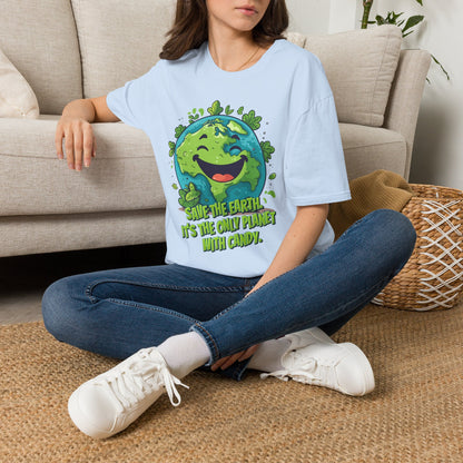 Funny Save Earth shirt featuring a smiling planet Earth surrounded by leaves with a playful candy message. This environmental shirt is perfect for Earth Day celebrations, teachers, nature lovers, tree huggers and environmentalists. A cute spring graphic tee that works as an Earth Day outfit or thoughtful gift for someone who loves our planet.
