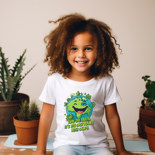 Funny Earth Day shirt for kids featuring a smiling cartoon planet Earth surrounded by green leaves with the phrase Save Earth It’s the only planet with candy, cute environmental youth graphic tee
