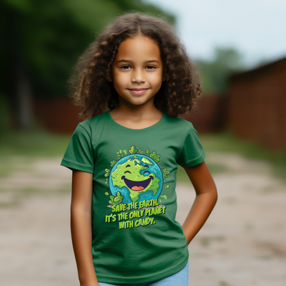 Navy youth Earth Day T shirt featuring a cheerful cartoon planet Earth with leaves and funny candy message, cute environmental shirt for kids, Earth Day school outfit and nature lovers