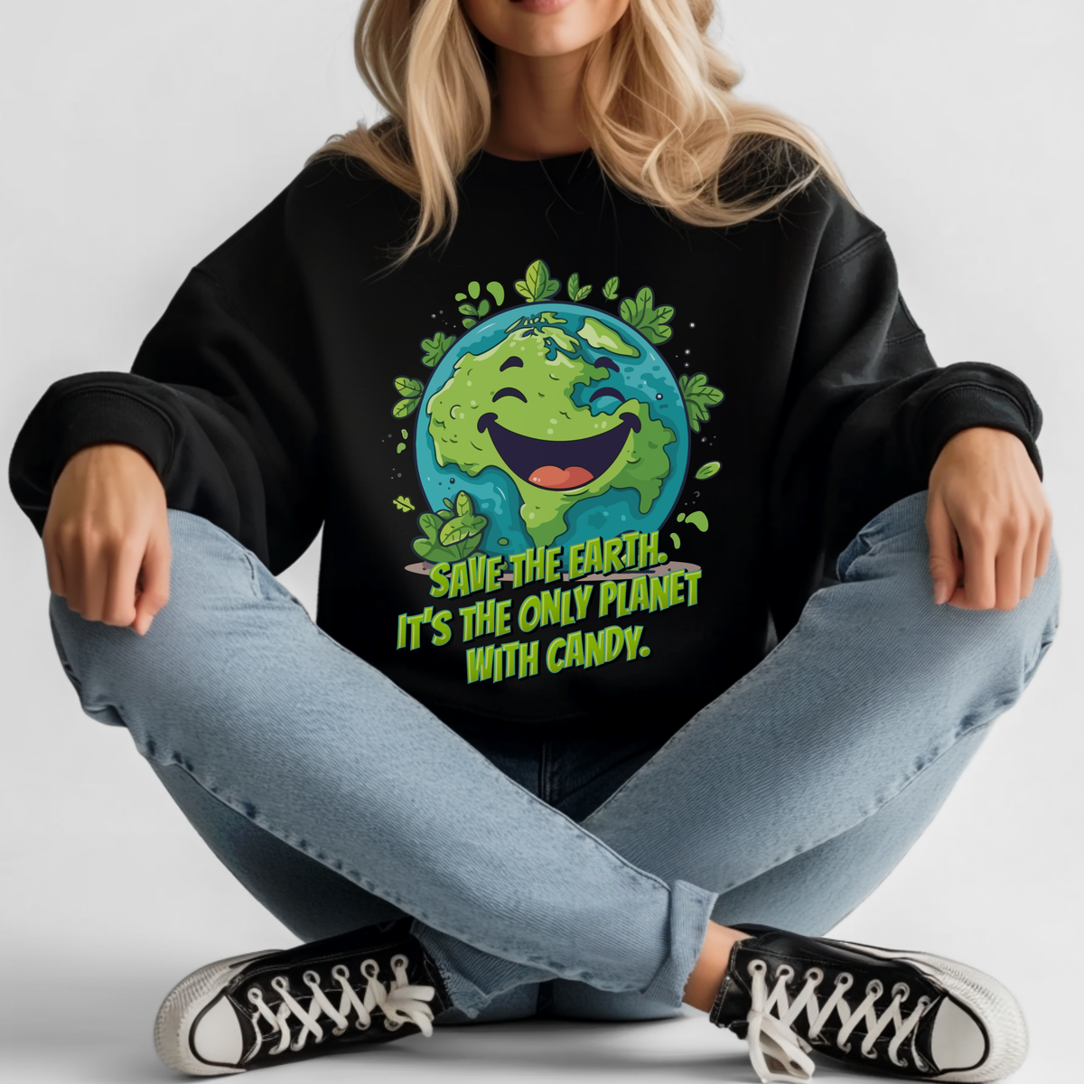 Adult Earth Day crewneck sweatshirt featuring a cheerful cartoon planet Earth with leafy greenery and the funny Save Earth candy message. This environmental sweatshirt makes a playful Earth Day outfit for adults, teachers, nature lovers and environmentalists, with matching Earth Day shirts available for kids and family outfits.
