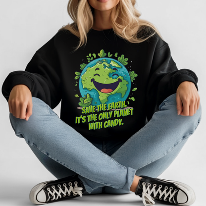 Adult Earth Day crewneck sweatshirt featuring a cheerful cartoon planet Earth with leafy greenery and the funny Save Earth candy message. This environmental sweatshirt makes a playful Earth Day outfit for adults, teachers, nature lovers and environmentalists, with matching Earth Day shirts available for kids and family outfits.