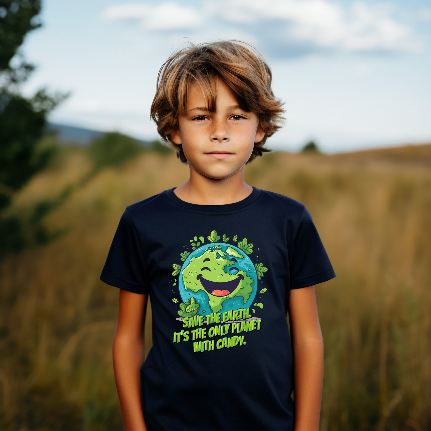 Kelly green Earth Day shirt for kids featuring a smiling cartoon Earth surrounded by leaves and Save Earth candy quote, funny nature themed youth T shirt for Earth Day celebrations