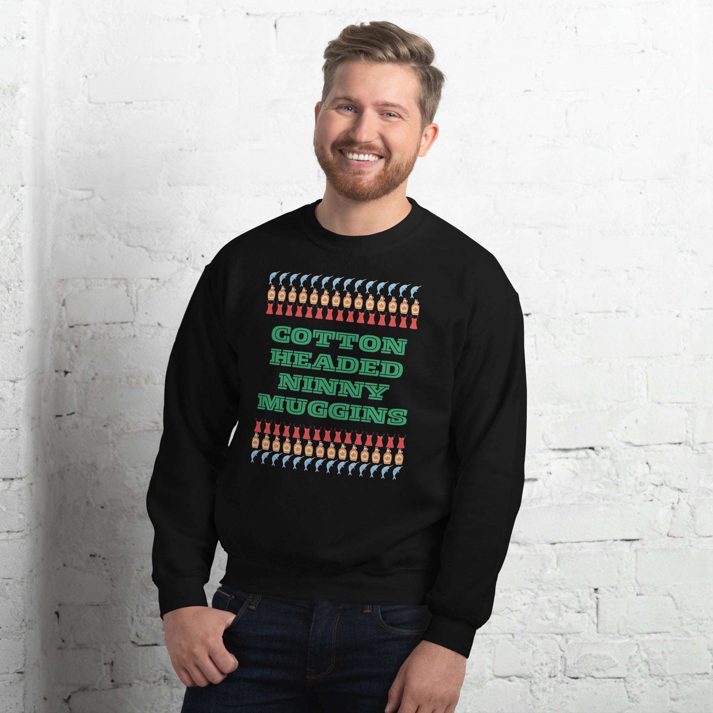 Funny Elf quote sweatshirt with “Cotton Headed Ninny Muggins” printed across the front. This unisex Christmas crewneck is perfect for fans of holiday movies and pop culture. Soft, pre-shrunk fabric ensures a comfy fit all season long. A great option for matching holiday family outfits, office parties, or a cheerful winter gift that adds humor to any cozy day in.