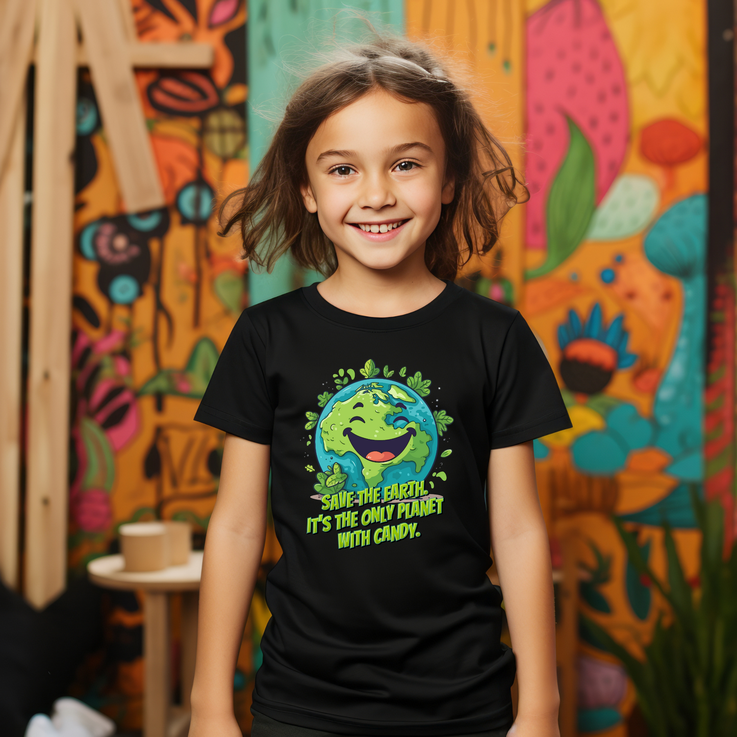 Funny Save Earth shirt for kids in black featuring a cute cartoon planet Earth surrounded by leaves, Earth Day graphic tee for boys and girls, nature lover and environmentalist shirt