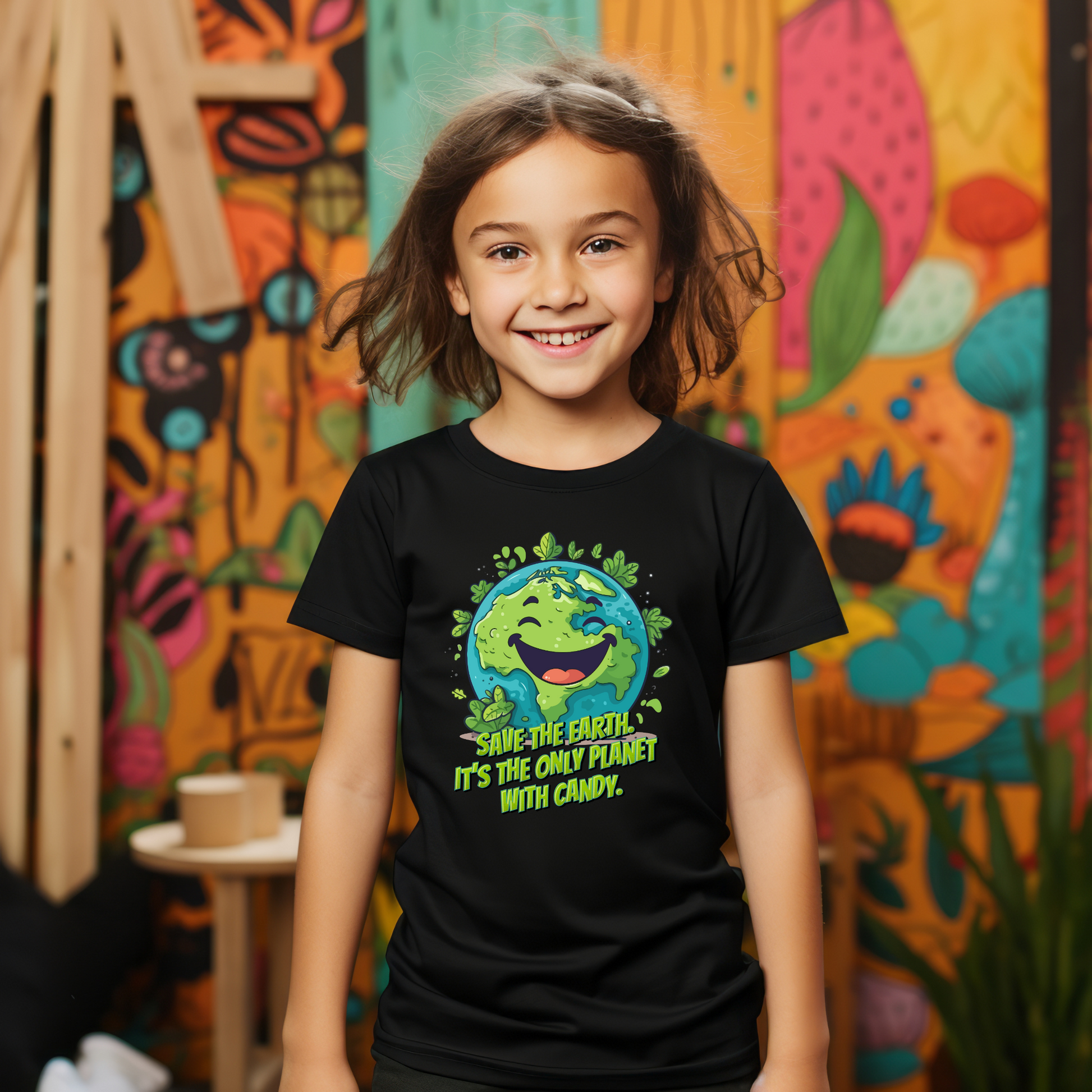 Funny Save Earth shirt for kids in black featuring a cute cartoon planet Earth surrounded by leaves, Earth Day graphic tee for boys and girls, nature lover and environmentalist shirt
