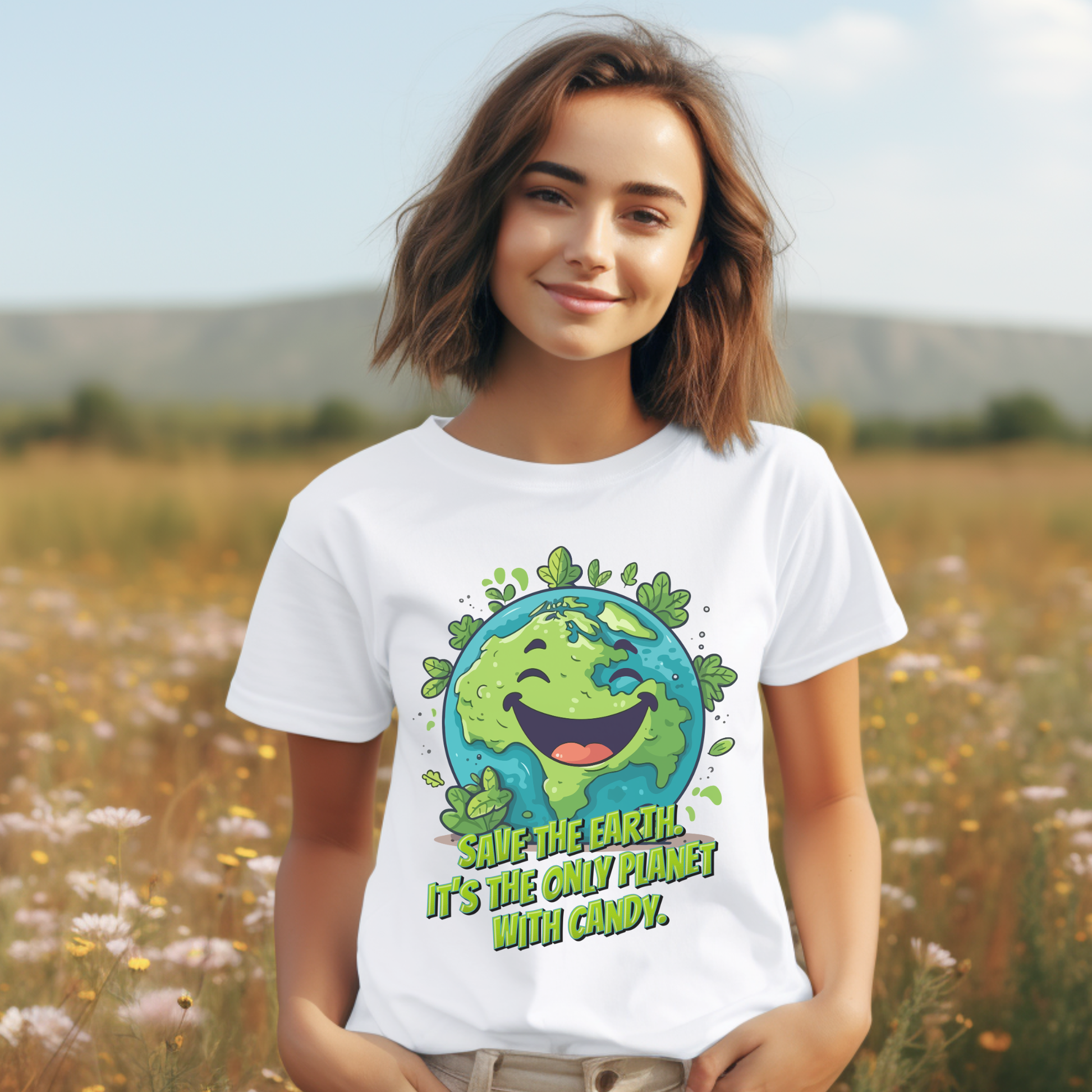 Funny activist shirt for Earth Day featuring a happy cartoon planet Earth surrounded by leaves with the message Save Earth! It’s the only planet with candy! This environmental gift is perfect for teachers, nature lovers, tree huggers and eco conscious friends. A colorful adult Earth Day shirt for celebrations, school events and spring wear.